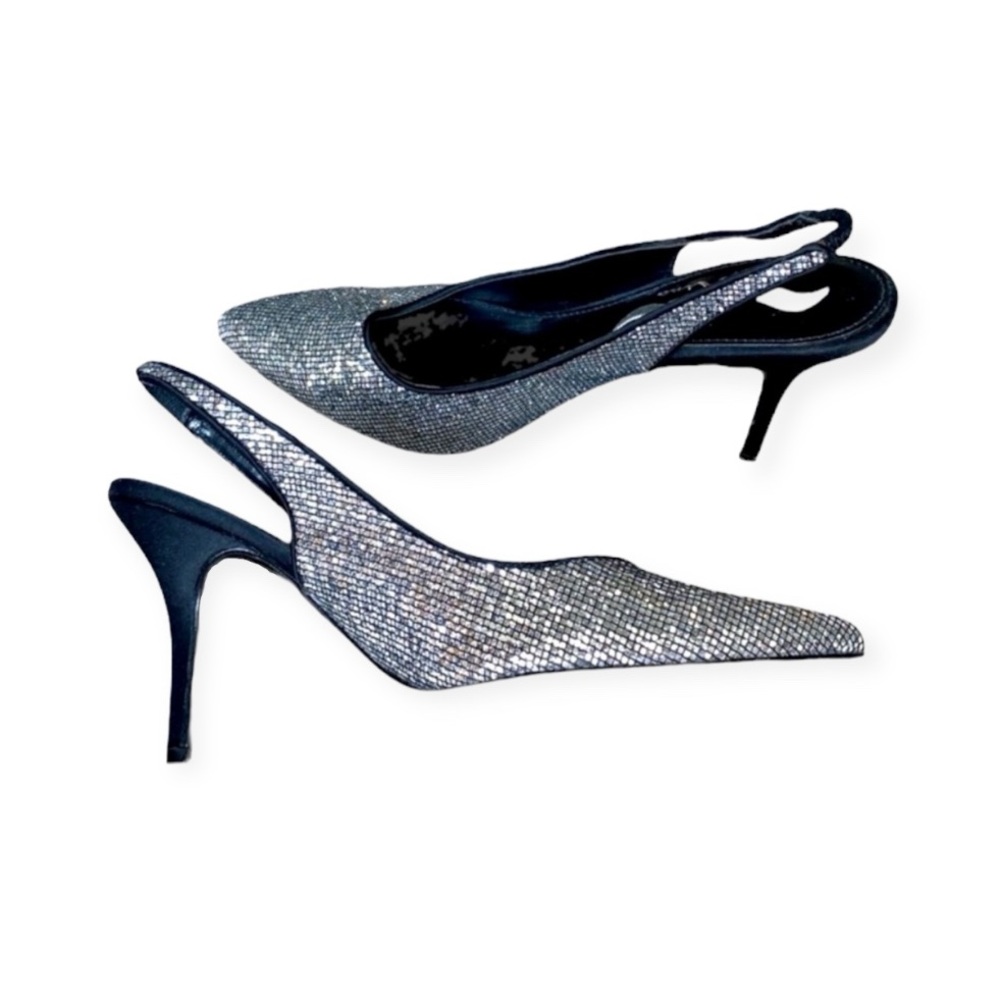 Vintage 90s / 80s Nina Silver Sparkle Slingback High Heels size women’s 7.5